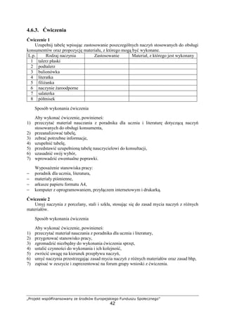 „Projekt współfinansowany ze środków Europejskiego Funduszu Społecznego”
42
4.6.3. Ćwiczenia
Ćwiczenie 1
Uzupełnij tabelę wpisując zastosowanie poszczególnych naczyń stosowanych do obsługi
konsumentów oraz propozycję materiału, z którego mogą być wykonane.
L.p. Rodzaj naczynia Zastosowanie Materiał, z którego jest wykonany
1 talerz płaski
2 podtalerz
3 bulionówka
4 literatka
5 filiżanka
6 naczynie żaroodporne
7 salaterka
8 półmisek
Sposób wykonania ćwiczenia
Aby wykonać ćwiczenie, powinieneś:
1) przeczytać materiał nauczania z poradnika dla ucznia i literaturę dotyczącą naczyń
stosowanych do obsługi konsumenta,
2) przeanalizować tabelę,
3) zebrać potrzebne informacje,
4) uzupełnić tabelę,
5) przedstawić uzupełnioną tabelę nauczycielowi do konsultacji,
6) uzasadnić swój wybór,
7) wprowadzić ewentualne poprawki.
Wyposażenie stanowiska pracy:
− poradnik dla ucznia, literatura,
− materiały piśmienne,
− arkusze papieru formatu A4,
− komputer z oprogramowaniem, przyłączem internetowym i drukarką.
Ćwiczenie 2
Umyj naczynia z porcelany, stali i szkła, stosując się do zasad mycia naczyń z różnych
materiałów.
Sposób wykonania ćwiczenia
Aby wykonać ćwiczenie, powinieneś:
1) przeczytać materiał nauczania z poradnika dla ucznia i literatury,
2) przygotować stanowisko pracy,
3) zgromadzić niezbędny do wykonania ćwiczenia sprzęt,
4) ustalić czynności do wykonania i ich kolejność,
5) zwrócić uwagę na kierunek przepływu naczyń,
6) umyć naczynia przestrzegając zasad mycia naczyń z różnych materiałów oraz zasad bhp,
7) zapisać w zeszycie i zaprezentować na forum grupy wnioski z ćwiczenia.
 