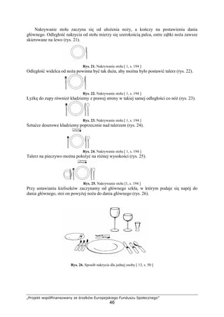 „Projekt współfinansowany ze środków Europejskiego Funduszu Społecznego”
46
Nakrywanie stołu zaczyna się od ułożenia noży, a kończy na postawieniu dania
głównego. Odległość nakrycia od stołu mierzy się szerokością palca, ostre ząbki noża zawsze
skierowane na lewo (rys. 21).
Rys. 21. Nakrywanie stołu [ 1, s. 194 ]
Odległość widelca od noża powinna być tak duża, aby można było postawić talerz (rys. 22).
Rys. 22. Nakrywanie stołu [ 1, s. 194 ]
Łyżkę do zupy również kładziemy z prawej strony w takiej samej odległości co nóż (rys. 23).
Rys. 23. Nakrywanie stołu [ 1, s. 194 ]
Sztućce deserowe kładziemy poprzecznie nad talerzem (rys. 24).
Rys. 24. Nakrywanie stołu [ 1, s. 194 ]
Talerz na pieczywo można położyć na różnej wysokości (rys. 25).
Rys. 25. Nakrywanie stołu [1, s. 194 ]
Przy ustawianiu kieliszków zaczynamy od głównego szkła, w którym podaje się napój do
dania głównego, stoi on powyżej noża do dania głównego (rys. 26).
Rys. 26. Sposób nakrycia dla jednej osoby [ 13, s. 50 ]
 