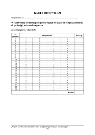 „Projekt współfinansowany ze środków Europejskiego Funduszu Społecznego”
56
KARTA ODPOWIEDZI
Imię i nazwisko ……..............................………………………………………………..
Wykonywanie czynności przygotowawczych związanych ze sporządzaniem,
ekspedycją i podawaniem potraw
Zakreśl poprawną odpowiedź.
Nr
zadania
Odpowiedź Punkty
1 a b c d
2 a b c d
3 a b c d
4 a b c d
5 a b c d
6 a b c d
7 a b c d
8 a b c d
9 a b c d
10 a b c d
11 a b c d
12 a b c d
13 a b c d
14 a b c d
15 a b c d
16 a b c d
17 a b c d
18 a b c d
19 a b c d
20 a b c d
21 a b c d
22 a b c d
23 a b c d
Razem:
 