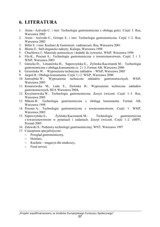 „Projekt współfinansowany ze środków Europejskiego Funduszu Społecznego”
57
6. LITERATURA
1. Arens - Azêvedo U. i inni: Technologia gastronomiczna z obsługą gości. Część 3. Rea,
Warszawa 2002
2. Arens – Azêvedo U., Grimpe E. i inni: Technologia gastronomiczna. Część 1–2. Rea,
Warszawa 2002
3. Biller E. i inni: Kucharz & Gastronom: vademecum. Rea, Warszawa 2001
4. Blome E.: Stół elegancko nakryty. Kaliope, Warszawa 1998
5. Chuchlowa J.: Materiały pomocnicze i dodatki do żywności. WSiP, Warszawa 1996
6. Flis K., Procner A.: Technologia gastronomiczna z towaroznawstwem. Część 2 i 3.
WSiP, Warszawa 2003
7. Górecka D., Limanówka H., Superczyńska E., Żylinska-Kaczmarek M.: Technologia
gastronomiczna z obsługą konsumenta cz. 2 i 3, Format AB, Warszawa 2006
8. Grzesińska W. – Wyposażenie techniczne zakładów – WSiP, Warszawa 2005
9. Jargoń R.: Obsługa konsumenta. Część 1 i 2. WSiP, Warszawa 2000
10. Jastrzębski W.: Wyposażenie techniczne zakładów gastronomicznych. WSiP,
Warszawa 2005
11. Konarzewska M., Lada E., Zielonka B.: Wyposażenie techniczne zakładów
gastronomicznych, REA Warszawa 2004,
12. Krzyżanowska W.: Technologia gastronomiczna. Zeszyt ćwiczeń. Część 1–3. Rea,
Warszawa 2005
13. Mikuta B.: Technologia gastronomiczna z obsługą konsumenta. Format AB,
Warszawa 1998
14. Procner A.: Technologia gastronomiczna z towaroznawstwem. Część 1. WSiP,
Warszawa 2003
15. Superczyńska E., Żylińska-Kaczmarek M.: Technologia gastronomiczna
z towaroznawstwem w pytaniach i zadaniach. Zeszyt ćwiczeń. Część 1–2. eMPI²,
Poznań 2005
16. Zalewski S.: Podstawy technologii gastronomicznej. WNT, Warszawa 1997
17. Czasopisma specjalistyczne:
− Przegląd gastronomiczny,
− Hotelarz,
− Kuchnia – magazyn dla smakoszy,
− Food service
 