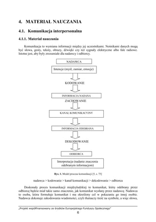 „Projekt współfinansowany ze środków Europejskiego Funduszu Społecznego”
6
4. MATERIAŁ NAUCZANIA
4.1. Komunikacja interpersonalna
4.1.1. Materiał nauczania
Komunikacja to wymiana informacji między jej uczestnikami. Nośnikami danych mogą
być słowa, gesty, teksty, obrazy, dźwięki czy teŜ sygnały elektryczne albo fale radiowe.
Istotne jest, aby były zrozumiałe dla nadawcy i odbiorcy.
KODOWANIE
ZACHOWANIE
DEKODOWANIE
Rys. 1. Model procesu komunikacji [5, s. 75]
nadawca > kodowanie > kanał komunikacji > dekodowanie > odbiorca
Doskonały proces komunikacji międzyludzkiej to komunikat, który odebrany przez
odbiorcę będzie miał takie samo znaczenie, jak komunikat wysłany przez nadawcę. Nadawca
to osoba, która formułuje komunikat i ma określony cel w pokazaniu go innej osobie.
Nadawca dokonuje zakodowania wiadomości, czyli tłumaczy treść na symbole, a więc słowa,
NADAWCA
Intencje (myśl, zamiar, emocje)
INFORMACJA NADANA
INFORMACJA ODEBRANA
ODBIORCA
Interpretacja (nadanie znaczenia
odebranym informacjom)
KANAŁ KOMUNIKACYJNY
 