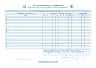 PREFEITURA MUNICIPAL DE MONTE SANTO
SECRETARIA MUNICIPAL DE EDUCAÇÃO, CULTURA, ESPORTE E LAZER
PRAÇA PROFESSOR SALGADO, 200, CENTRO.
MONTE SANTO, BAHIA. CEP: 48.800-00
HISTÓRICO DO RENDIMENTO ESCOLAR DA CLASSE
Identificação do (a) Aluno (a) Conceitos¹ por Componente Curricular² Resultado Final³
Nº Nome Ano LP M C G H A LI ER EF PP PC RP TR EV
1
2
3
4
5
6
7
8
9
10
11
12
13
14
15
16
17
18
19
20
¹ Os conceitos passíveis de registro por componente curricular são: CND (Competência Não Desenvolvida), CPD
(Competência Parcialmente Desenvolvida), CPLD (Competência Plenamente Desenvolvida);
² Quanto aos componentes curriculares, ei-los: LP (Língua Portuguesa), M (Matemática), C (Ciências), G
(Geografia), H (História), A (Artes), LI (Língua Inglesa), ER (Ensino Religioso) e EF (Educação Física);
³ Após à apuração dos conceitos, informar o resultado final de cada aluno (a), assinalando uma destas categorias: PP
(Progressão Plena), PC (Progressão Continuada), RP (Reprovado (a)), TR (Transferido (a)) ou EV (Evadido (a)).
Monte Santo, ____ de ________________ de ________
Assinatura do (a) Professor (a) Local / Data
 