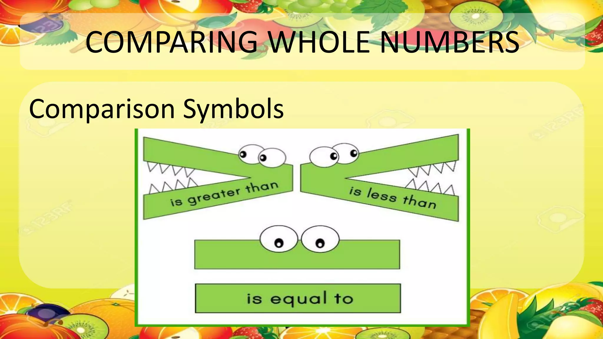 COMPARING WHOLE NUMBERS
Comparison Symbols
 