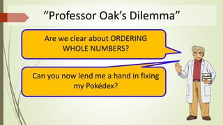 “Professor Oak’s Dilemma”
Are we clear about ORDERING
WHOLE NUMBERS?
Can you now lend me a hand in fixing
my Pokédex?
 
