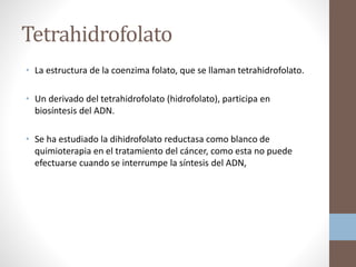 Tetrahidrofolato
• La estructura de la coenzima folato, que se llaman tetrahidrofolato.
• Un derivado del tetrahidrofolato (hidrofolato), participa en
biosíntesis del ADN.
• Se ha estudiado la dihidrofolato reductasa como blanco de
quimioterapia en el tratamiento del cáncer, como esta no puede
efectuarse cuando se interrumpe la síntesis del ADN,
 