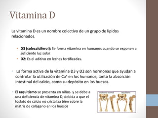 Vitamina D
La vitamina D es un nombre colectivo de un grupo de lípidos
relacionados.
• D3 (colecalciferol): Se forma vitamina en humanos cuando se exponen a
suficiente luz solar
• D2: Es el aditivo en leches fortificadas.
• La forma activa de la vitamina D3 y D2 son hormonas que ayudan a
controlar la utilización de Ca+ en los humanos, tanto la absorción
intestinal del calcio, como su depósito en los huesos.
• El raquitismo se presenta en niños y se debe a
una deficiencia de vitamina D, debida a que el
fosfato de calcio no cristaliza bien sobre la
matriz de colágeno en los huesos
 