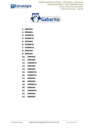 DIREITO PROCESSUAL PENAL TJDFT (2015) PÓS-EDITAL
TÉCNICO JUDICIÁRIO ÁREA ADMINISTRATIVA
Teoria e exercícios comentados
Prof. Renan Araujo Aula 02
Prof.Renan Araujo www.estrategiaconcursos.com.br Página 40 de 40
1. ERRADA
2. ERRADA
3. CORRETA
4. CORRETA
5. ERRADA
6. CORRETA
7. CORRETA
8. ERRADA
9. ERRADA
10. ERRADA
11. ERRADA
12. CORRETA
13. ERRADA
14. ERRADA
15. CORRETA
16. CORRETA
17. ERRADA
18. ERRADA
19. CORRETA
20. ERRADA
21. CORRETA
22. ERRADA
23. ERRADA
 