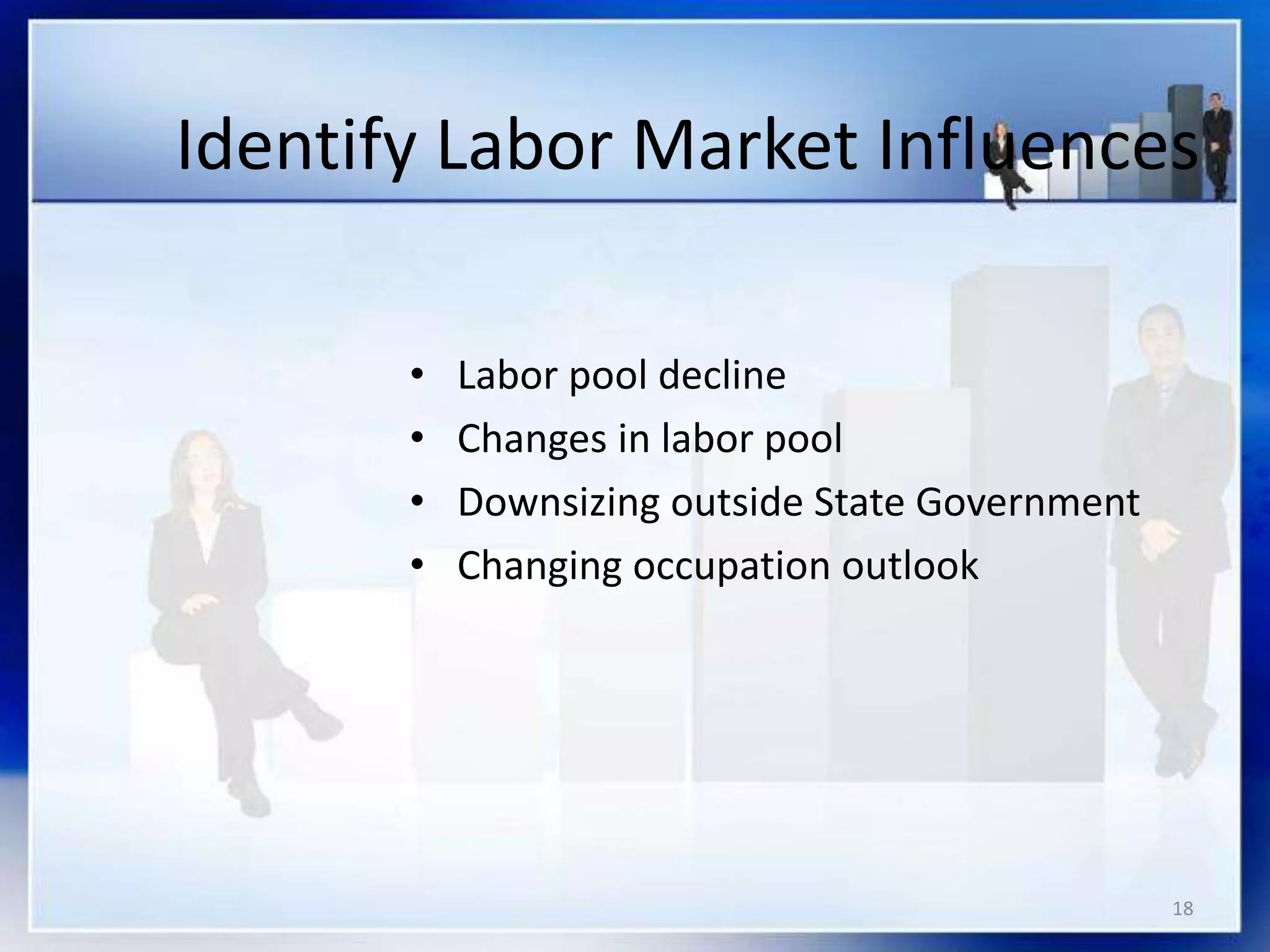 18
Identify Labor Market Influences
• Labor pool decline
• Changes in labor pool
• Downsizing outside State Government
• Changing occupation outlook
 