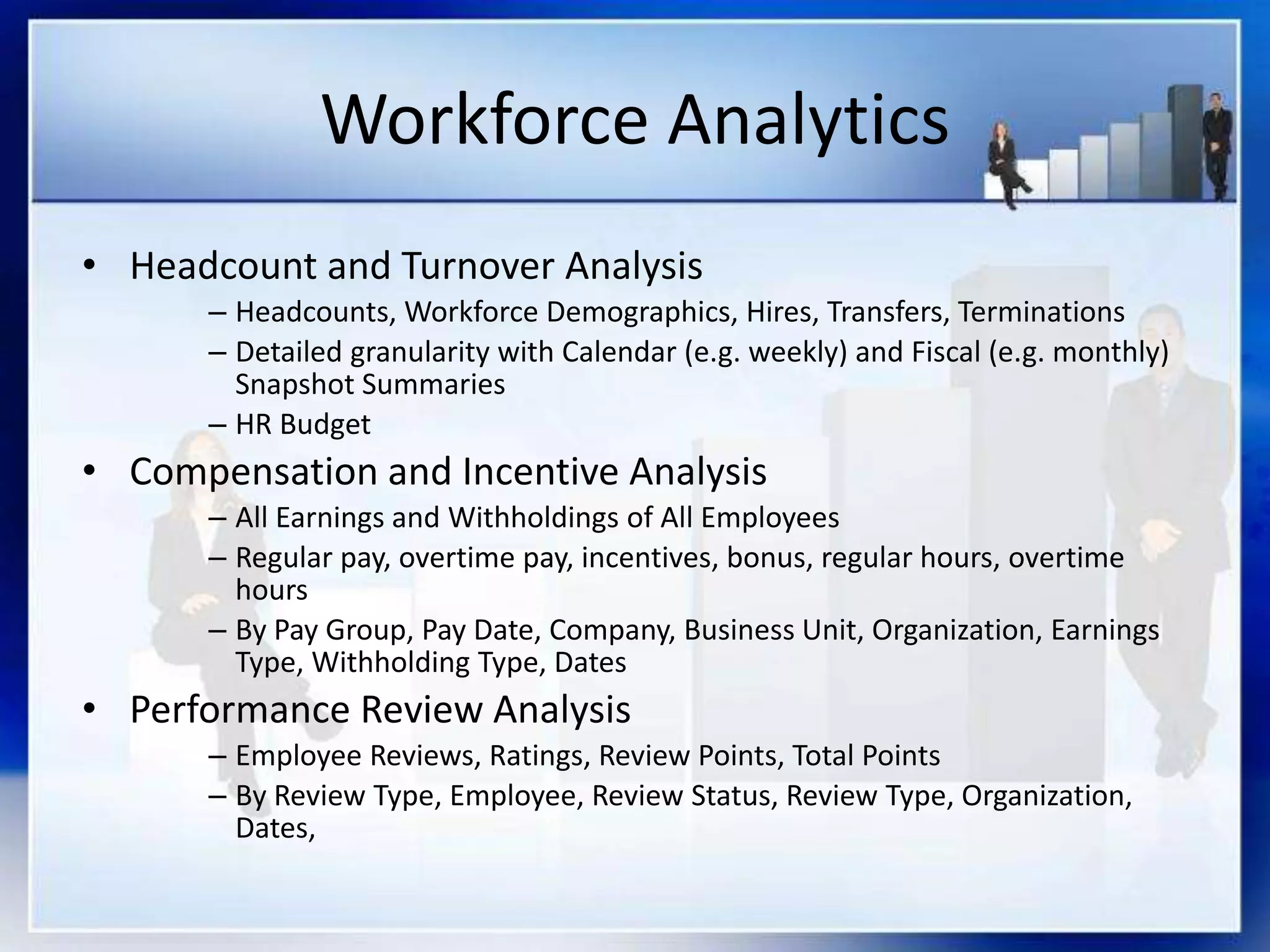 Workforce Analytics
• Headcount and Turnover Analysis
– Headcounts, Workforce Demographics, Hires, Transfers, Terminations
– Detailed granularity with Calendar (e.g. weekly) and Fiscal (e.g. monthly)
Snapshot Summaries
– HR Budget
• Compensation and Incentive Analysis
– All Earnings and Withholdings of All Employees
– Regular pay, overtime pay, incentives, bonus, regular hours, overtime
hours
– By Pay Group, Pay Date, Company, Business Unit, Organization, Earnings
Type, Withholding Type, Dates
• Performance Review Analysis
– Employee Reviews, Ratings, Review Points, Total Points
– By Review Type, Employee, Review Status, Review Type, Organization,
Dates,
 