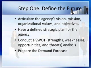 11
Step One: Define the Future
• Articulate the agency’s vision, mission,
organizational values, and objectives.
• Have a defined strategic plan for the
agency
• Conduct a SWOT (strengths, weaknesses,
opportunities, and threats) analysis
• Prepare the Demand Forecast
 