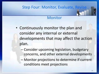 28
Step Four: Monitor, Evaluate, Revise
Monitor
• Continuously monitor the plan and
consider any internal or external
developments that may affect the action
plan.
– Consider upcoming legislation, budgetary
concerns, and other external developments
– Monitor projections to determine if current
conditions meet projections
 