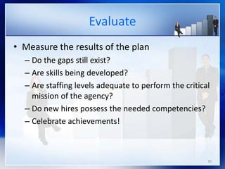 30
Evaluate
• Measure the results of the plan
– Do the gaps still exist?
– Are skills being developed?
– Are staffing levels adequate to perform the critical
mission of the agency?
– Do new hires possess the needed competencies?
– Celebrate achievements!
 