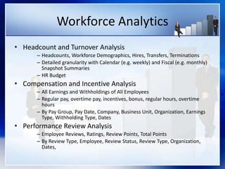 Workforce Analytics
• Headcount and Turnover Analysis
– Headcounts, Workforce Demographics, Hires, Transfers, Terminations
– Detailed granularity with Calendar (e.g. weekly) and Fiscal (e.g. monthly)
Snapshot Summaries
– HR Budget
• Compensation and Incentive Analysis
– All Earnings and Withholdings of All Employees
– Regular pay, overtime pay, incentives, bonus, regular hours, overtime
hours
– By Pay Group, Pay Date, Company, Business Unit, Organization, Earnings
Type, Withholding Type, Dates
• Performance Review Analysis
– Employee Reviews, Ratings, Review Points, Total Points
– By Review Type, Employee, Review Status, Review Type, Organization,
Dates,
 