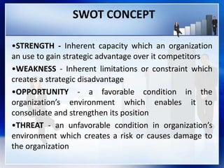 SWOT CONCEPT
•STRENGTH - Inherent capacity which an organization
an use to gain strategic advantage over it competitors
•WEAKNESS - Inherent limitations or constraint which
creates a strategic disadvantage
•OPPORTUNITY - a favorable condition in the
organization’s environment which enables it to
consolidate and strengthen its position
•THREAT - an unfavorable condition in organization’s
environment which creates a risk or causes damage to
the organization
 