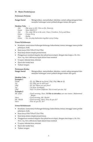 3
D. Materi Pembelajaran
Pertemuan Pertama
Fungsi Sosial : Mengenalkan, menyebutkan identitas, untuk saling mengenal dan
menjalin hubungan antar pribadi dengan teman dan guru.
Struktur Teks :
Adi : My name is Adi. I live on Jln. Simorejo.
Gema : Near SMAN 1?
Adi : Yes, only 100 m to the west. I have 2 brothers, Ferry and Bima.
Gema : I know Ferry
Adi : Really.
Gema : Yes, we play badminton together every Friday.
Unsur Kebahasaan:
 Kosakata: nama status hubungan keluarga, kekerabatan, teman, tetangga nama profesi
pekerjaan, hobi.
 Kata tanya Who? Which? How? Dst.
 Kata kerja dalam simple present tense.
 Penggunaan nominal singular dan plural secara tepat, dengan atau tanpa a, the,this,
those, my, their, dsb secara tepat dalam frasa nominal
 Ucapan, tekanan kata, intonasi
 Ejaan dan tanda baca
 Tulisan tangan.
Pertemuan Kedua
Fungsi Sosial : Mengenalkan, menyebutkan identitas, untuk saling mengenal dan
menjalin hubungan antar pribadi dengan teman dan guru.
Struktur Teks :
Example 1
Dodik : Hi, Aji! This is my friend, Olaf. Olaf, this is Aji.
Aji : Hi, Olaf, nice to meet you!
Olaf : Hi, Aji! Where are you from?
Aji : I’m from Azerbaijan.
Olaf : Nice! I’m from California. Nice to meet you too, Aji
Example 2
Ms. Janet : Good morning, Steve. I’d like to introduce our new trainer, Muhammad
Sholeh.
Steve : Good morning, Mr. Sholeh!
Mr. Sholeh : Good morning, Steve. How do you do?
Steve : How do you do, Sir?
Unsur Kebahasaan:
 Kosakata: nama status hubungan keluarga, kekerabatan, teman, tetangga nama profesi
pekerjaan, hobi.
 Kata tanya Who? Which? How? Dst.
 Kata kerja dalam simple present tense.
 Penggunaan nominal singular dan plural secara tepat, dengan atau tanpa a, the,this,
those, my, their, dsb secara tepat dalam frasa nominal
 Ucapan, tekanan kata, intonasi
 Ejaan dan tanda baca
 Tulisan tangan.
 
