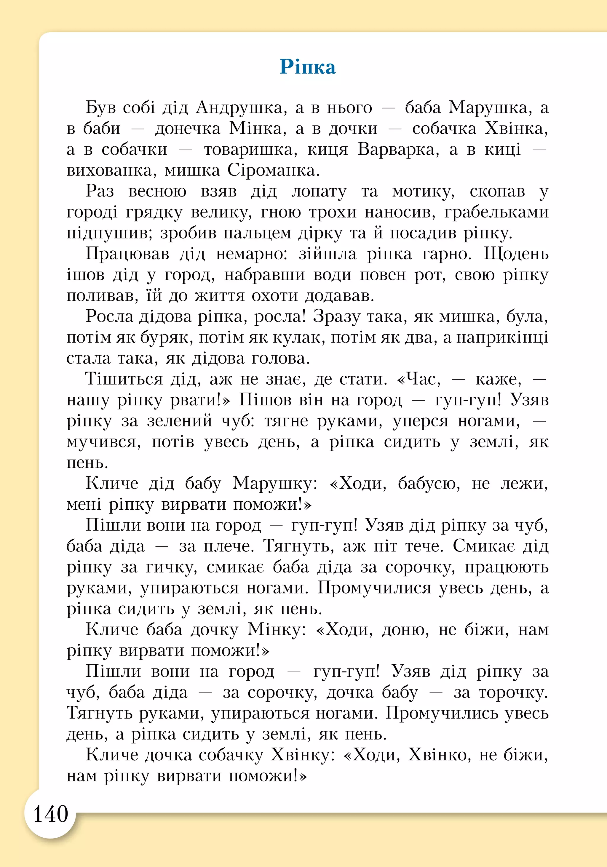 140 141
Ріпка
Був собі дід Андрушка, а в нього — баба Марушка, а
в баби — донечка Мінка, а в дочки — собачка Хвінка,
а в собачки — товаришка, киця Варварка, а в киці —
вихованка, мишка Сіроманка.
Раз весною взяв дід лопату та мотику, скопав у
городі грядку велику, гною трохи наносив, грабельками
підпушив; зробив пальцем дірку та й посадив ріпку.
Працював дід немарно: зійшла ріпка гарно. Щодень
ішов дід у город, набравши води повен рот, свою ріпку
поливав, їй до життя охоти додавав.
Росла дідова ріпка, росла! Зразу така, як мишка, була,
потім як буряк, потім як кулак, потім як два, а наприкінці
стала така, як дідова голова.
Тішиться дід, аж не знає, де стати. «Час, — каже, —
нашу ріпку рвати!» Пішов він на город — гуп-гуп! Узяв
ріпку за зелений чуб: тягне руками, уперся ногами, —
мучився, потів увесь день, а ріпка сидить у землі, як
пень.
Кличе дід бабу Марушку: «Ходи, бабусю, не лежи,
мені ріпку вирвати поможи!»
Пішли вони на город — гуп-гуп! Узяв дід ріпку за чуб,
баба діда — за плече. Тягнуть, аж піт тече. Смикає дід
ріпку за гичку, смикає баба діда за сорочку, працюють
руками, упираються ногами. Промучилися увесь день, а
ріпка сидить у землі, як пень.
Кличе баба дочку Мінку: «Ходи, доню, не біжи, нам
ріпку вирвати поможи!»
Пішли вони на город — гуп-гуп! Узяв дід ріпку за
чуб, баба діда — за сорочку, дочка бабу — за торочку.
Тягнуть руками, упираються ногами. Промучились увесь
день, а ріпка сидить у землі, як пень.
Кличе дочка собачку Хвінку: «Ходи, Хвінко, не біжи,
нам ріпку вирвати поможи!»
Пішли вони на город — гуп-гуп! Узяв дід ріпку за чуб,
баба діда — за сорочку, дочка бабу — за торочку, собачка
дочку — за спідничку. Тягнуть руками, упираються
ногами. Промучились увесь день, а ріпка сидить у землі,
як пень.
Кличе собачка кицю Варварку: «Ходи, Варварочко, не
лежи, нам ріпку вирвати поможи!»
Пішли вони на город — гуп-гуп! Узяв дід ріпку за
чуб, баба діда — за сорочку, дочка бабу — за торочку,
собачка дочку — за спідничку, киця собачку — за
хвостик. Тягнуть і руками, і зубами, упираються ногами.
Промучились увесь день, а ріпка сидить у землі, як пень.
Кличе киця мишку Сіроманку: «Ходи, Сірочко, не
біжи, нам ріпку вирвати поможи!»
Пішли вони на город — гуп-гуп. Узяв дід ріпку за чуб,
баба діда — за сорочку, дочка бабу — за торочку, собачка
дочку — за спідничку, киця собачку — за хвостик, мишка
кицю — за лапку.
Як потягли — та й покотилися.
Упала ріпка на діда Андрушку, дід — на бабу
Марушку, баба — на дочку Мінку, дочка — на собачку
Хвінку, собачка — на кицю Варварку, а мишка — шусть
у шпарку!
Іван Франко
 