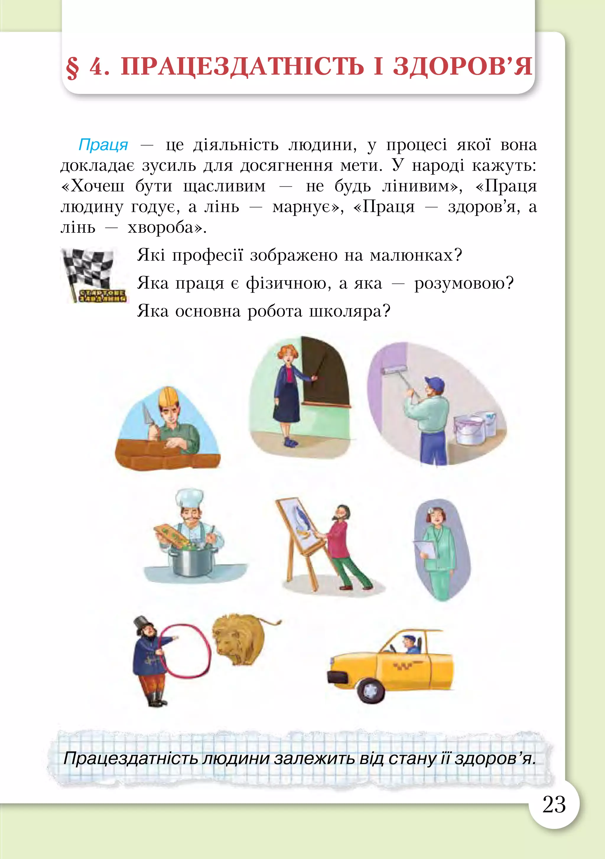 22 23
§ 4. ПРАЦЕЗДАТНІСТЬ І ЗДОРОВ’Я
Праця — це діяльність людини, у процесі якої вона
докладає зусиль для досягнення мети. У народі кажуть:
«Хочеш бути щасливим — не будь лінивим», «Праця
людину годує, а лінь — марнує», «Праця — здоров’я, а
лінь — хвороба».
Які професії зображено на малюнках?
Яка праця є фізичною, а яка — розумовою?
Яка основна робота школяра?
Розділ 1
ЗДОРОВЕ ТІЛО
Працездатність і здоров’я
Гігієна одягу та взуття
Активний відпочинок
Як захиститися від застуди
Здорове харчування
Працездатність людини залежить від стану її здоров’я.
 
