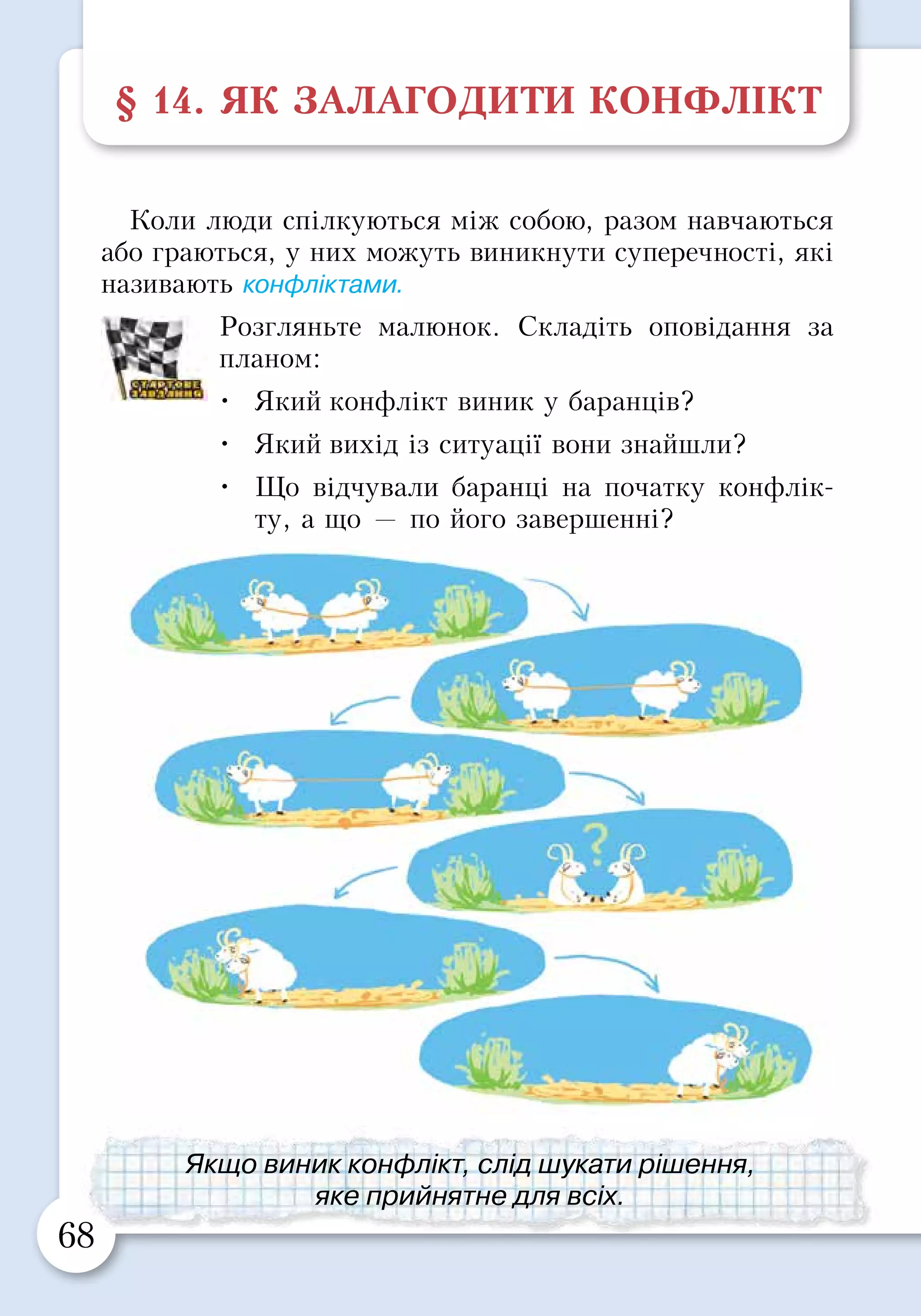 68 69
§ 14. ЯК ЗАЛАГОДИТИ КОНФЛІКТ
Коли люди спілкуються між собою, разом навчаються
або граються, у них можуть виникнути суперечності, які
називають конфліктами.
Розгляньте малюнок. Складіть оповідання за
планом:
•	 Який конфлікт виник у баранців?
•	 Який вихід із ситуації вони знайшли?
•	 Що відчували баранці на початку конфлік­
ту, а що — по його завершенні?
Два козлики
Одного разу два вперті козлики зустрілися на вузькій
колоді, перекинутій через струмок. Обом одночасно
перейти струмок було неможливо; треба було одному
повернутись назад, дати іншому дорогу.
— Поступися мені дорогою, — сказав один.
— От іще! Диви, який поважний пан, — відповів
другий. — Рачкуй назад, я перший зійшов на місток.
— Ні, брате, я набагато старший за тебе роками, і я
нізащо не поступлюся тобі дорогою!
І обидва, не довго думаючи, зіткнулися міцними
лобами, зчепилися рогами і, впираючись тоненькими
ніжками в колоду, стали битися. Але колода була мокра:
обидва впертюхи послизнулися й шубовснули у воду.
Костянтин Ушинський
Об’єднайтесь у пари. Зіграйте сценки, як треба
вирішувати подібні ситуації (якщо ви зіткнулися
з кимось у дверях, вузькому проході).
Якщо виник конфлікт, слід шукати рішення,
яке прийнятне для всіх.
Щоб мирно розв’язувати конфлікти,
треба вміти поступатися.
 