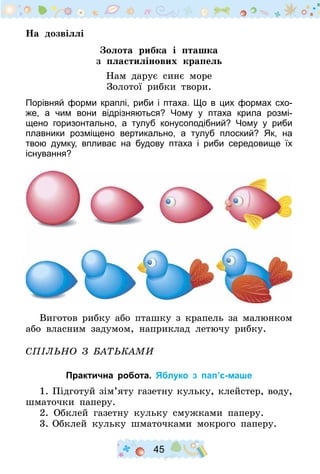 45
На дозвіллі
Золота рибка і пташка
з пластилінових крапель
Нам дарує синє море
Золотої рибки твори.
Порівняй форми краплі, риби і птаха. Що в цих формах схо-
же, а чим вони відрізняються? Чому у птаха крила розмі-
щено горизонтально, а тулуб конусоподібний? Чому у риби
плавники розміщено вертикально, а тулуб плоский? Як, на
твою думку, впливає на будову птаха і риби середовище їх
існування?
Виготов рибку або пташку з крапель за малюнком
або власним задумом, наприклад летючу рибку.
Спільно з батьками
Практична робота. Яблуко з пап’є-маше
1.	Підготуй зім’яту газетну кульку, клейстер, воду,
шматочки паперу.
2.  Обклей газетну кульку смужками паперу.
3.	Обклей кульку шматочками мокрого паперу.
 