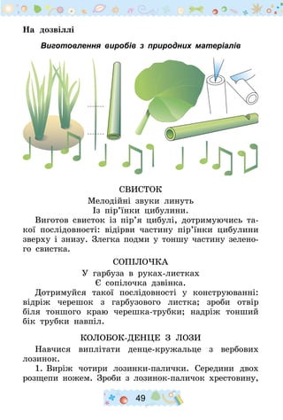 49
На дозвіллі
Виготовлення виробів з природних матеріалів
Свисток
Мелодійні звуки линуть
Із пір’їнки цибулини.
Виготов свисток із пір’я цибулі, дотримуючись та-
кої послідовності: відірви частину пір’їнки цибулини
зверху і знизу. Злегка подми у тоншу частину зелено-
го свистка.
Сопілочка
У гарбуза в руках-листках
Є сопілочка дзвінка.
Дотримуйся такої послідовності у конструюванні:
відріж черешок з гарбузового листка; зроби отвір
біля тоншого краю черешка-трубки; надріж тонший
бік трубки навпіл.
Колобок-денце з лози
Навчися виплітати денце-кружальце з вербових
лозинок.
1.	Виріж чотири лозинки-палички. Середини двох
розщепи ножем. Зроби з лозинок-паличок хрестовину,
 