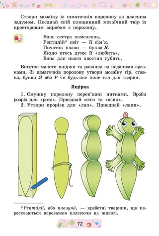 72
Створи мозаїку із шматочків поролону за власним
задумом. Поєднай свій площинний мозаїчний твір із
просторовим виробом з поролону.
 	 Вона сестра хамелеона,
	 Рептилій* світ  — її сім’я.
	 Початок назви  — буква Я.
	Якщо хтось дуже її «любить»,
	 Вона для нього хвостик губить.
Виготов макети ящірки та равлика за поданими зраз-
ками. Зі шматочків поролону утвори мозаїку гір, став-
ка, букви Я або Р чи будь-яке інше тло для тварин.
Ящірка
1.	Смужку поролону перев’яжи нитками. Зроби
розріз для «рота». Приєднай «очі» та «язик».
2.	Утвори прорізи для «лап». Приєднай «лапи».
* Рептилії, або плазуни, — хребетні тварини, що пе-
ресуваються переважно плазуючи на животі.
 