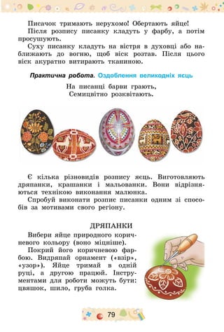 79
Писачок тримають нерухомо! Обертають яйце!
Після розпису писанку кладуть у фарбу, а потім
просушують.
Суху писанку кладуть на вістря в духовці або на-
ближають до вогню, щоб віск розтав. Після цього
віск акуратно витирають тканиною.
Практична робота. Оздоблення великодніх яєць
На писанці барви грають,
Семицвітно розквітають.
Є кілька різновидів розпису яєць. Виготовляють
дряпанки, крашанки і мальованки. Вони відрізня-
ються технікою виконання малюнка.
Спробуй виконати розпис писанки одним зі спосо-
бів за мотивами свого регіону.
Дряпанки
Вибери яйце природного корич­
невого кольору (воно міцніше).
Покрий його коричневою фар-
бою. Видряпай орнамент («взір»,
«узор»). Яйце тримай в одній
руці, а другою працюй. Інстру­
ментами для роботи можуть бути:
цвяшок, шило, груба голка.
 