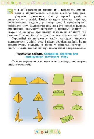 87
  Є різні способи вживання їжі. Більшість амери-
канців користується методом зигзагу: їжу роз-
різують, тримаючи ніж у правій руці, а
виделку  — у лівій. Потім кладуть ніж на тарілку,
перекладають виделку у праву руку і продовжують
приймати їжу. Підносячи їжу до рота правою рукою,
американці тримають виделку в напрямі «знизу —
вгору». Ліва рука при цьому лежить на колінах під
столом. Під час їжі ліва рука не має лежати на столі­.
Європейці користуються своїм методом: виделка
залишається у лівій руці і після розрізання їжі. Вони
спрямовують виделку з їжею у напрямі «згори —
вниз». Вказівний палець при цьому іноді випрямляють­.
Практична робота. Складання серветок для
сервірування святкового столу
Склади серветки для святкового столу, користую-
чись малюнком.
 