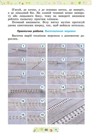 90
З’ясуй, де качок, а де основна нитка, де виворіт,
а де лицьовий бік. На лляній тканині немає виворо-
ту або лицьового боку, тому на вивороті вишивки
роблять позначку простим олівцем.
Починай вишивати. Білу нитку муліне протягуй
двома хвостиками вперед, так, щоб вийшла петелька.
Практична робота. Виготовлення мережки
Виготов виріб технікою мережки з допомогою до-
рослих.
1
9
2
10 12
14
13
1511
3
5
4
6
7 8
16
18
17
19
 