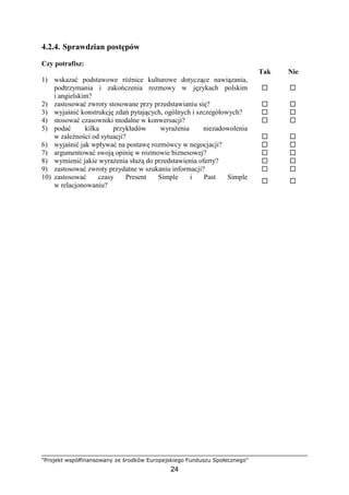 "Projekt współfinansowany ze środków Europejskiego Funduszu Społecznego"
24
4.2.4. Sprawdzian postępów
Czy potrafisz:
Tak Nie
1) wskazać podstawowe róŜnice kulturowe dotyczące nawiązania,
podtrzymania i zakończenia rozmowy w językach polskim
i angielskim?
2) zastosować zwroty stosowane przy przedstawianiu się?
3) wyjaśnić konstrukcję zdań pytających, ogólnych i szczegółowych?
4) stosować czasowniki modalne w konwersacji?
5) podać kilka przykładów wyraŜenia niezadowolenia
w zaleŜności od sytuacji?
6) wyjaśnić jak wpływać na postawę rozmówcy w negocjacji?
7) argumentować swoją opinię w rozmowie biznesowej?
8) wymienić jakie wyraŜenia słuŜą do przedstawienia oferty?
9) zastosować zwroty przydatne w szukaniu informacji?
10) zastosować czasy Present Simple i Past Simple
w relacjonowaniu?
 