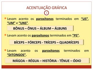 ACENTUAÇÃO GRÁFICA
6
Levam acento os paroxítonos terminados em “US”,
“UM” e “UNS”.
Levam acento os paroxítonos terminados em “PS”.
Levam acento os paroxítonos terminados em
“DITONGOS”.
BÔNUS – ÔNUS – ÁLBUM – ÁLBUNSBÔNUS – ÔNUS – ÁLBUM – ÁLBUNS
BÍCEPS – FÓRCEPS - TRÍCEPS – QUADRÍCEPSBÍCEPS – FÓRCEPS - TRÍCEPS – QUADRÍCEPS
MÁGOA – RÉGUA – HISTÓRIA - TÊNUE – ÓDIOMÁGOA – RÉGUA – HISTÓRIA - TÊNUE – ÓDIO
 