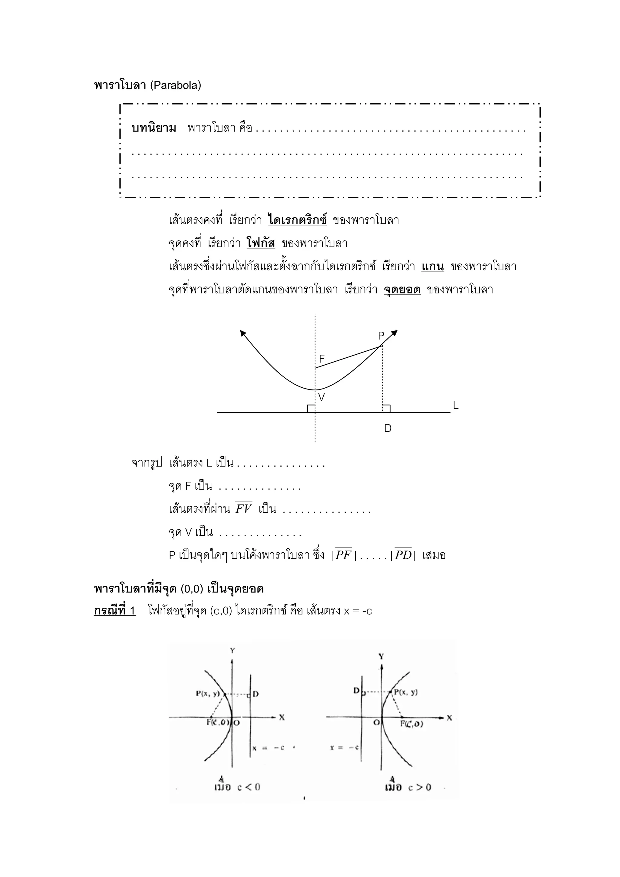 V
พาราโบลา (Parabola)
บทนิยาม พาราโบลา คือ . . . . . . . . . . . . . . . . . . . . . . . . . . . . . . . . . . . . . . . . . . . . .
. . . . . . . . . . . . . . . . . . . . . . . . . . . . . . . . . . . . . . . . . . . . . . . . . . . . . . . . . . . . . . . . .
. . . . . . . . . . . . . . . . . . . . . . . . . . . . . . . . . . . . . . . . . . . . . . . . . . . . . . . . . . . . . . . . .
เสนตรงคงที่ เรียกวา ไดเรกตริกซ ของพาราโบลา
จุดคงที่ เรียกวา โฟกัส ของพาราโบลา
เสนตรงซึ่งผานโฟกัสและตั้งฉากกับไดเรกตริกซ เรียกวา แกน ของพาราโบลา
จุดที่พาราโบลาตัดแกนของพาราโบลา เรียกวา จุดยอด ของพาราโบลา
P
F
L
D
จากรูป เสนตรง L เปน . . . . . . . . . . . . . . .
จุด F เปน . . . . . . . . . . . . . .
เสนตรงที่ผาน FV เปน . . . . . . . . . . . . . . .
จุด V เปน . . . . . . . . . . . . . .
P เปนจุดใดๆ บนโคงพาราโบลา ซึ่ง |PF | . . . . . |PD | เสมอ
พาราโบลาที่มีจุด (0,0) เปนจุดยอด
กรณีที่ 1 โฟกัสอยูที่จุด (c,0) ไดเรกตริกซ คือ เสนตรง x = -c
 