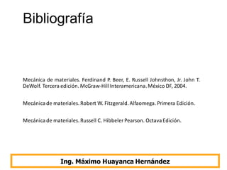 Bibliografía
Mecánica de materiales. Ferdinand P. Beer, E. Russell Johnsthon, Jr. John T.
DeWolf. Tercera edición. McGraw-HillInteramericana.México DF, 2004.
Mecánica de materiales. Robert W. Fitzgerald.Alfaomega. Primera Edición.
Mecánica de materiales. Russell C. Hibbeler Pearson. Octava Edición.
Ing. Máximo Huayanca Hernández
 