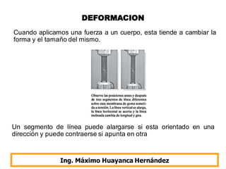 DEFORMACION
Ing. Máximo Huayanca Hernández
Cuando aplicamos una fuerza a un cuerpo, esta tiende a cambiar la
forma y el tamaño del mismo.
Un segmento de línea puede alargarse si esta orientado en una
dirección y puede contraerse si apunta en otra
 