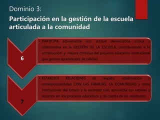 Dominio 3:
Participación en la gestión de la escuela
articulada a la comunidad
6
• PARTICIPA activamente con actitud democrática, crítica y
colaborativa en la GESTIÓN DE LA ESCUELA, contribuyendo a la
construcción y mejora continua del proyecto educativo institucional
que genere aprendizajes de calidad.
7
• ESTABLECE RELACIONES de respeto, colaboración y
corresponsabilidad CON LAS FAMILIAS, LA COMUNIDAD y otras
instituciones del Estado y la sociedad civil, aprovecha sus saberes y
recursos en los procesos educativos y da cuenta de los resultados.
 