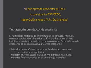 “El que aprende debe estar ACTIVO,
lo cual significa ESFUERZO,
saber QUÉ se hace y PARA QUÉ se hace”
El número de métodos de enseñanza no es ilimitado. Así pues,
tenemos catalogados alrededor de 30 métodos de enseñanza
incluidas las variaciones sobre un mismo método. Estos métodos de
enseñanza se pueden reagrupar en tres categorías:
- Métodos de enseñanza basados en las distintas formas de
exposiciones magistrales.
- Métodos orientados a la discusión y/o al trabajo en equipo.
- Métodos fundamentados en el aprendizaje individual
Tres categorías de métodos de enseñanza
 