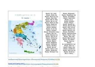 Η Ελλάδα χωρίζεται και σε
51 νομούς
Νομός Αττικής
Νομός Εύβοιας
Νομός Ευρυτανίας
Νομός Φωκίδας
Νομός Φθιώτιδας
Νομός Βοιωτίας
Νομός Χαλκιδικής
Νομός Ημαθίας
Νομός Κιλκίς
Νομός Πέλλας
Νομός Πιερίας
Νομός Σερρών
Νομός Θεσσαλονίκης
Νομός Χανίων
Νομός Ηρακλείου
Νομός Λασιθίου
Νομός Ρεθύμνης
Νομός Δράμας
Νομός Έβρου
Νομός Καβάλας
Νομός Ροδόπης
Νομός Ξάνθης
Νομός Άρτας
Νομός Ιωαννίνων
Νομός Πρέβεζας
Νομός Θεσπρωτίας
Νομός Κέρκυρας
Νομός Κεφαλληνίας
Νομός Λευκάδας
Νομός Ζακύνθου
Νομός Χίου
Νομός Λέσβου
Νομός Σάμου
Νομός Αρκαδίας
Νομός Αργολίδας
Νομός Κορινθίας
Νομός Λακωνίας
Νομός Μεσσηνίας
Νομός Κυκλάδων
Νομός Δωδεκανήσου
Νομός Καρδίτσας
Νομός Λάρισας
Νομός Μαγνησίας
Νομός Τρικάλων
Νομός Αχαΐας
Νομός
Αιτωλοακαρνανίας
Νομός Ηλείας
Νομός Φλώρινας
Νομός Γρεβενών
Νομός Καστοριάς
Νομός Κοζάνης
(Άγιο Όρος)
Διαδραστική δραστηριότητα 1(διοικητική διαίρεση Ελλάδας):ΚΛΙΚ
Διαδραστική δραστηριότητα 2(γεωγραφικά διαμερίσματα):ΚΛΙΚΕπιμέλεια: Χρήστος Χαρμπής σελίδα 25
 