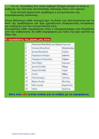  Για τις Κυκλάδες ένα πολύ σοβαρό ζήτημα μπορεί να είναι η
ρύθμιση της τακτικής ακτοπλοϊκής κάλυψης όλων των νησιών.
 Στην Αττική σημαντικό πρόβλημα η αντιμετώπιση της
ατμοσφαιρικής ρύπανσης.
Όπως βλέπουμε κάθε περιοχή έχει τις δικές της ιδιαιτερότητες και τα
δικά της προβλήματα και άρα χρειάζονται διαφορετικές αποφάσεις
και ενέργειες για την αντιμετώπισή τους.
Επικεφαλής κάθε περιφέρειας είναι ο περιφερειάρχης που διορίζεται
από την κυβέρνηση. Σε κάθε περιφέρεια μια πόλη της έχει οριστεί ως
έδρα της.
Οι περιφέρειες της χώρας μας είναι:
Κάνε κλικ εδώ ή στην εικόνα για να παίξεις με τις περιφέρειες.
Επιμέλεια: Χρήστος Χαρμπής σελίδα 4
 