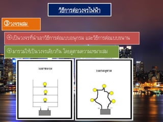 วิธีการต่อวงจรไฟฟ้า
วงจรผสม
เป็นวงจรที่นาเอาวิธีการต่อแบบอนุกรม และวิธีการต่อแบบขนาน
มารวมให้เป็นวงจรเดียวกัน โดยดูตามความเหมาะสม
 