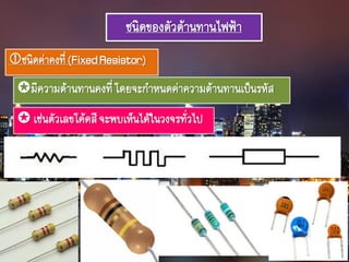 ชนิดของตัวต้านทานไฟฟ้า
ชนิดค่าคงที่(FixedResistor)
มีความต้านทานคงที่โดยจะกาหนดค่าความต้านทานเป็นรหัส
 เช่นตัวเลขโค้ดสีจะพบเห็นได้ในวงจรทั่วไป
 