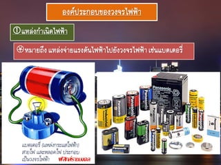 องค์ประกอบของวงจรไฟฟ้า
แหล่งกาเนิดไฟฟ้า
หมายถึงแหล่งจ่ายแรงดันไฟฟ้าไปยังวงจรไฟฟ้าเช่นแบตเตอรี่
 