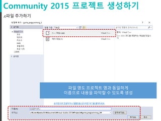 Community 2015 프로젝트 생성하기
.c파일 추가하기
파일 명도 프로젝트 명과 동일하게
이름으로 내용을 파악할 수 있도록 생성
 