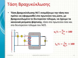 Τάση Βραχυκύκλωσης
• Τάση βραχυκύκλωσης Μ/Σ ονομάζουμε την τάση που
πρέπει να εφαρμοσθεί στο πρωτεύον του,ώστε, με
βραχυκυκλωμένο το δευτερεύον τύλιγμα, να έχουμε τα
κανονικά ρεύματα φόρτισης, τόσο στο πρωτεύον όσο και
στο δευτερεύον τύλιγμα του Μ/Σ.
uκ% =
𝐔 𝟏𝐊
𝐔 𝟏𝐍
× 100
I2κ% =
𝐈 𝟐𝐍
uκ%
× 100
27/9/2016 ΚΑΒΑΛΙΕΡΟΣ ΔΗΜΗΤΡΙΟΣ ΠΕ 17 11
 