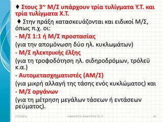 ♦ Στους 3~ Μ/Σ υπάρχουν τρία τυλίγματα Υ.Τ. και
τρία τυλίγματα Χ.Τ.
♦ Στην πράξη κατασκευάζονται και ειδικοί Μ/Σ,
όπως π.χ. οι:
- Μ/Σ 1:1 ή Μ/Σ προστασίας
(για την απομόνωση δύο ηλ. κυκλωμάτων)
- Μ/Σ ηλεκτρικής έλξης
(για τη τροφοδότηση ηλ. σιδηροδρόμων, τρόλεϋ
κ.α.)
- Αυτομετασχηματιστές (ΑΜ/Σ)
(για μικρή αλλαγή της τάσης ενός κυκλώματος) και
- Μ/Σ οργάνων
(για τη μέτρηση μεγάλων τάσεων ή εντάσεων
ρεύματος).
27/9/2016 ΚΑΒΑΛΙΕΡΟΣ ΔΗΜΗΤΡΙΟΣ ΠΕ 17 29
 