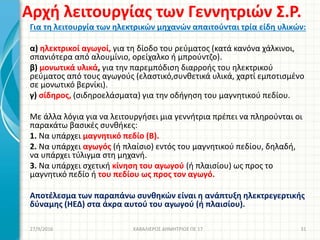 Αρχή λειτουργίας των Γεννητριών Σ.Ρ.
Για τη λειτουργία των ηλεκτρικών μηχανών απαιτούνται τρία είδη υλικών:
α) ηλεκτρικοί αγωγοί, για τη δίοδο του ρεύματος (κατά κανόνα χάλκινοι,
σπανιότερα από αλουμίνιο, ορείχαλκο ή μπρούντζο).
β) μονωτικά υλικά, για την παρεμπόδιση διαρροής του ηλεκτρικού
ρεύματος από τους αγωγούς (ελαστικό,συνθετικά υλικά, χαρτί εμποτισμένο
σε μονωτικό βερνίκι).
γ) σίδηρος, (σιδηροελάσματα) για την οδήγηση του μαγνητικού πεδίου.
Με άλλα λόγια για να λειτουργήσει μια γεννήτρια πρέπει να πληρούνται οι
παρακάτω βασικές συνθήκες:
1. Να υπάρχει μαγνητικό πεδίο (Β).
2. Να υπάρχει αγωγός (ή πλαίσιο) εντός του μαγνητικού πεδίου, δηλαδή,
να υπάρχει τύλιγμα στη μηχανή.
3. Να υπάρχει σχετική κίνηση του αγωγού (ή πλαισίου) ως προς το
μαγνητικό πεδίο ή του πεδίου ως προς τον αγωγό.
Αποτέλεσμα των παραπάνω συνθηκών είναι η ανάπτυξη ηλεκτρεγερτικής
δύναμης (ΗΕΔ) στα άκρα αυτού του αγωγού (ή πλαισίου).
27/9/2016 ΚΑΒΑΛΙΕΡΟΣ ΔΗΜΗΤΡΙΟΣ ΠΕ 17 31
 