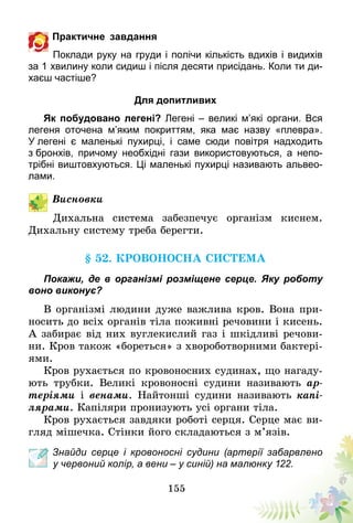 155
Практичне завдання
Поклади руку на груди і полічи кількість вдихів і видихів
за 1 хвилину коли сидиш і після десяти присідань. Коли ти ди-
хаєш частіше?
Для допитливих
Як побудовано легені? Легені – великі м’які органи. Вся
легеня оточена м’яким покриттям, яка має назву «плевра».
У легені є маленькі пухирці, і саме сюди повітря надходить
з бронхів, причому необхідні гази використовуються, а непо-
трібні виштовхуються. Ці маленькі пухирці називають альвео-
лами.
Висновки
Дихальна система забезпечує організм киснем.
Дихальну систему треба берегти.
§ 52. Кровоносна система
Покажи, де в організмі розміщене серце. Яку роботу
воно виконує?
В організмі людини дуже важлива кров. Вона при-
носить до всіх органів тіла поживні речовини і кисень.
А забирає від них вуглекислий газ і шкідливі речови-
ни. Кров також «бореться» з хвороботворними бактері-
ями.
Кров рухається по кровоносних судинах, що нагаду-
ють трубки. Великі кровоносні судини називають ар-
теріями і венами. Найтонші судини називають капі-
лярами. Капіляри пронизують усі органи тіла.
Кров рухається завдяки роботі серця. Серце має ви-
гляд мішечка. Стінки його складаються з м’язів.
Знайди серце і кровоносні судини (артерії забарвлено
у червоний колір, а вени – у синій) на малюнку 122.
 