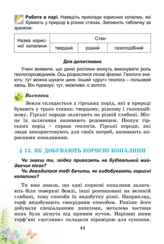 44
Робота в парі. Наведіть приклади корисних копалин, які
бувають у природі в різних станах. Заповніть таб­личку за
зразком:
Назва корис-
ної копалини
Стан
твердий рідкий газоподібний
Для допитливих
Учені виявили, що деякі рослини можуть виконувати роль
геологорозвідників. Ось розрослися лісові фіалки. Геологи зна-
ють: тут можна шукати цинк. Інший «друг» геолога – польовий
хвощ. Він підказує: тут, можливо, є золото.
Висновки
Земля складається з гірських порід, які в природі
бувають у трьох станах: твердому, рідкому і газоподіб-
ному. Гірські породи залягають на різній глибині. Міс-
це їх залягання називають родовищем. Пошук гір-
ських порід – справа геологів. Гірські породи, які
люди використовують для своїх потреб, називають ко-
рисними копалинами.
§ 13. Як добувають корисні копалини
Чи знаєш ти, звідки привозять на будівельний май-
данчик пісок?
Чи доводилося тобі бачити, як видобувають корисні
копалини?
Ти вже знаєш, що одні корисні копалини заляга-
ють біля поверхні Землі, інші розташовані на великій
глибині, тому способи їх видобутку різні. Наприклад,
торф видобувають своєрідним способом. Раніше його
добували спеціальними лопатами, металева частина
яких була зігнута під прямим кутом. Нарізані ними
торф’яні «цеглини» складали пірамідою для сушіння.
 