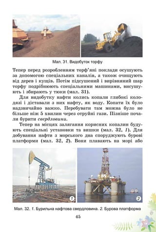 45
Мал. 31. Видобуток торфу
Тепер перед розробленням торф’яні поклади осушують
за допомогою спеціальних каналів, а також очищують
від дерев і кущів. Потім підсушений і вирівняний шар
торфу подрібнюють спеціальними машинами, висушу-
ють і збирають у тюки (мал. 31).
Для видобутку нафти колись копали глибокі коло-
дязі і діставали з них нафту, як воду. Копати їх було
надзвичайно важко. Перебувати там можна було не
більше ніж 5 хвилин через отруйні гази. Пізніше поча-
ли бурити свердловини.
Тепер на місцях залягання корисних копалин буду-
ють спеціальні установки та вишки (мал. 32, 1). Для
добування нафти з морського дна споруджують бурові
платформи (мал. 32, 2). Вони плавають на морі або
Мал. 32. 1. Бурильна нафтова свердловина. 2. Бурова платформа
1 2
 