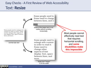 EasyChecks - A First Reviewof Web Accessibility
Text: Resize
Most people cannot
effectively read text
that requires
horizontal scrolling,
and some
disabilities make
this impossible
normal-size text
larger text "wraps"
to fit the width
some of the larger text is not
visible without scrolling
horizontally
Accesibilidad - 11CCC
 