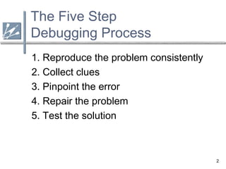2
The Five Step
Debugging Process
1. Reproduce the problem consistently
2. Collect clues
3. Pinpoint the error
4. Repair the problem
5. Test the solution
 