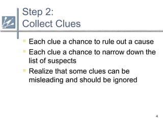 4
Step 2:
Collect Clues
 Each clue a chance to rule out a cause
 Each clue a chance to narrow down the
list of suspects
 Realize that some clues can be
misleading and should be ignored
 